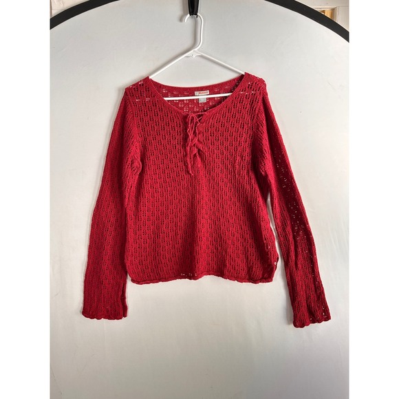 Hollister Co. Tops - Hollister Co. Women's Red Crochet Knit Long Sleeve Lace-Up Top Blouse Size L Y2K